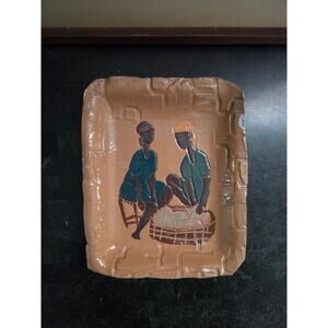 MAM Studio Pottery Tray 10.25" African Folk Art Scene Brown Glaze Signed